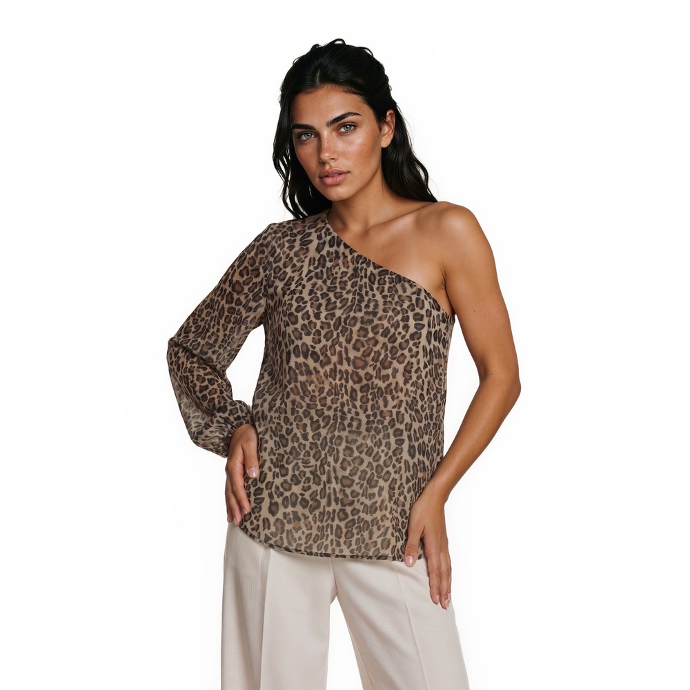 Gianni Bini One Shoulder Blouse Women's Size Large Brown Leopard Bell Sleeve Top